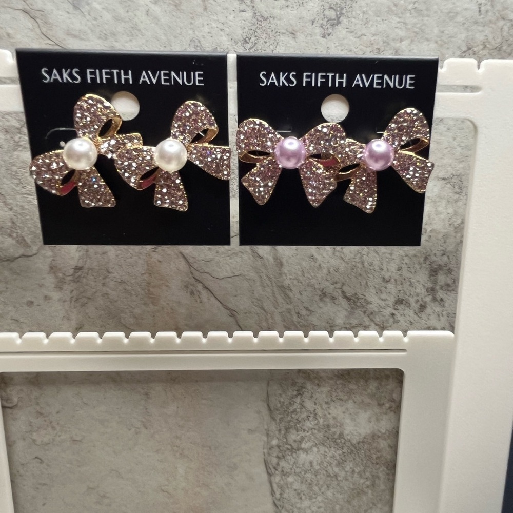 Saks Fifth Avenue Pink and White Bow Earrings Push Backs Bundle of Two - Picture 5 of 5